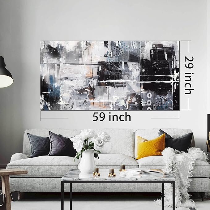 Abstract Wall Art for Living Room Large Size - Black and White Canvas Wall Art for Office - Modern Art Wall Decor for Bedroom Size 29" x 59"