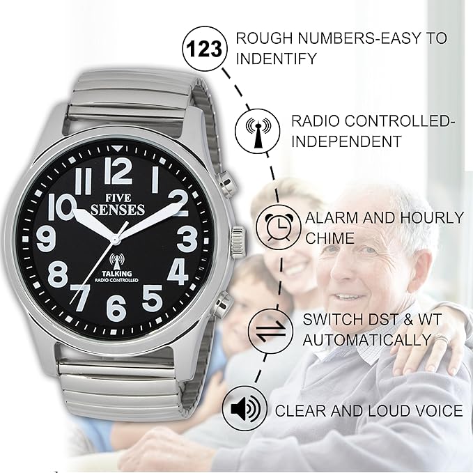 FIVE SENSES English Atomic Jumbo Size (43mm /1.75in) Metal Talking Watch with Loud Alarm Clock for Visually impaired, Elderly Person 1523 (Black)