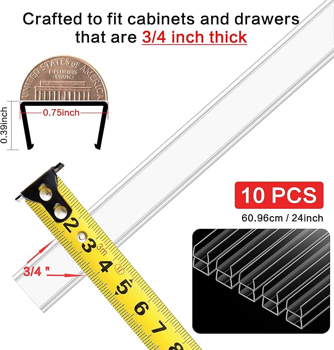 MONOID Drawer Edge Protector, Slip-On Clear Table Corners Guards, Door Kitchen Furniture Bumper, Prevent Wear, Impact Protection, Ease to Cut, 3/4" Thick, 24" Length – Clear, Pack of 10