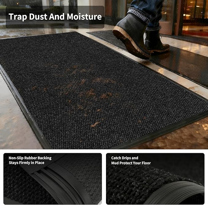 2ft x 4ft Front Door Mat Indoor Outdoor Entrance, Commercial Heavy Duty Entryway Matt, Non-Slip Rubber Backing Low Profile Doormat, Waterproof Dirt Trapper Welcome Mat for High Traffic Area