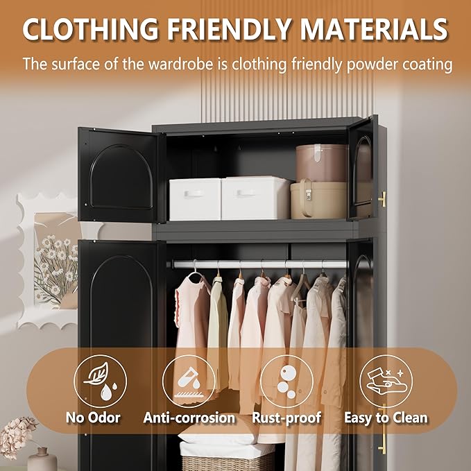 Metal Armoire Wardrobe Cabinet, 86" Tall Wardrobe Closet with Doors, Black Clothing Storage Cabinet with Hanging Rod, Large Armoire for Bedroom, Office, School, Gym