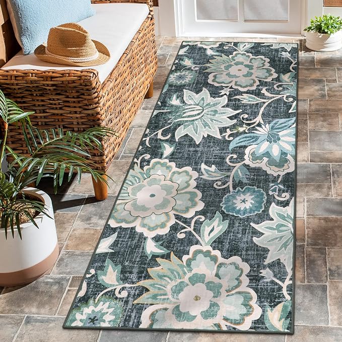Beeiva Floral 2x5 Rug Runners for Hallways, Ultra Thin Blue Kitchen Runner Rug Washable, Vintage Plant Non-Shedding Bathroom Non-Slip Hallway Carpet for Entryway Bedroom Kitchen