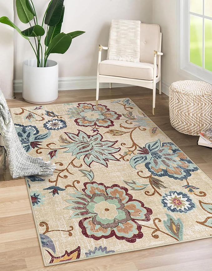 Beeiva Floral Bedroom Rugs, 4x6 Rug with Rubber Backing Ultra Thin Vintage Washable Rugs Foldable Carpets for Living Room Rug Paisley Print Beige Rug for Entryway Bathroom Office