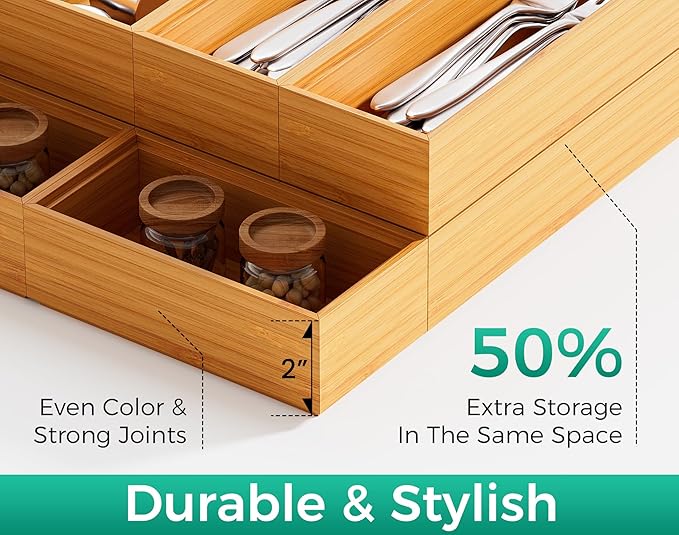 Small Bamboo Kitchen Drawer Organizer Boxes – 6" x 3" Stackable Wood Silverware Utensil Tray for Drawers Bins Cutlery & Flatware Storage – Wooden Organizers Set of 2 for Junk Drawer, Bathroom, Rv