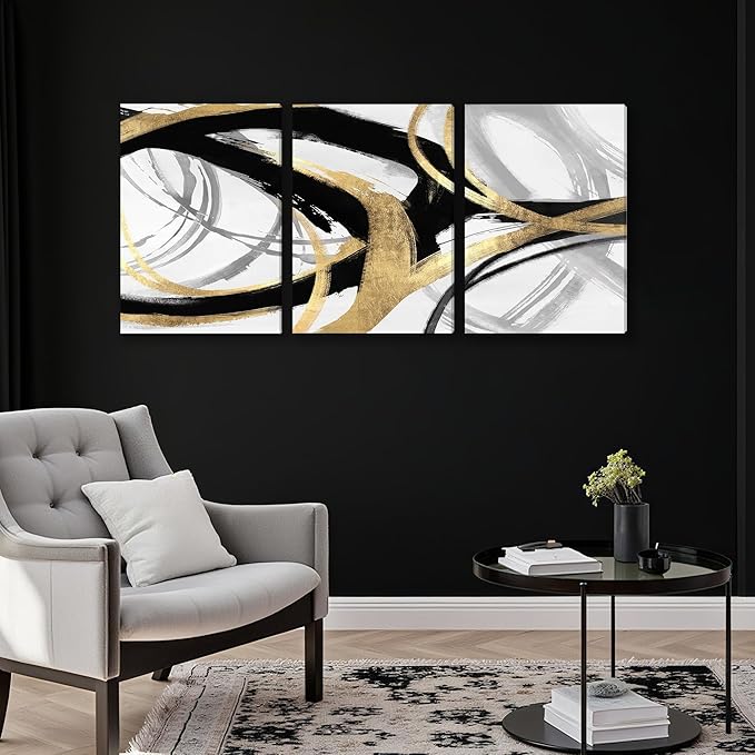DUWQU 3 Piece Black and Gold Abstract Canvas Wall Art, Modern Black Gold and White Wall Decor, Spiral Brushstrokes Line Art Prints for Living Room Bedroom Office Home Decorations 12×16x3 In