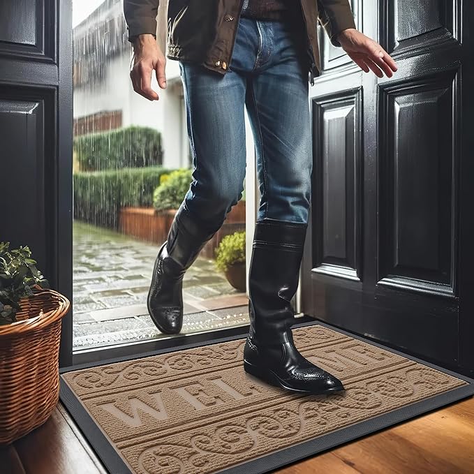 OLANLY Welcome Door Mat Indoor Outdoor Entrance, Heavy Duty Sturdy Front Door Mat, Waterproof All-Weather Doormat, Stain Resistant, Low Profile, Easy Clean Patio Entryway Mat, 36 x 24, Light Brown
