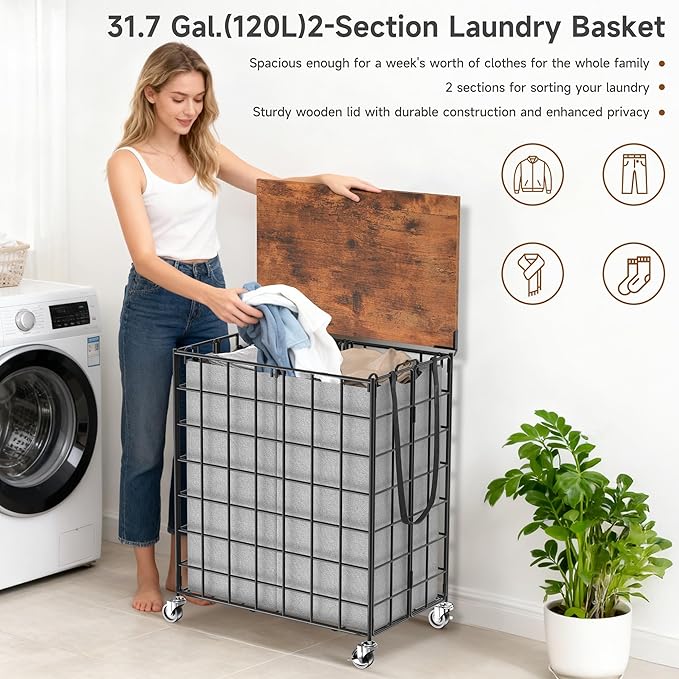 Laundry Basket with Wheels, Heavy Duty Laundry Sorter 2 Sections, Large Capacity 120L Laundry Hamper with Wood Lid, 360 Rolling Wheels, Extra Side Pocket, Leather Pull Handle (Grey)