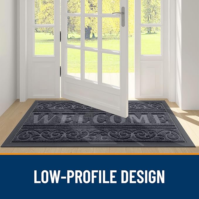 OLANLY Welcome Door Mat Indoor Outdoor Entrance, Heavy Duty Sturdy Front Door Mat, Waterproof All-Weather Doormat, Stain Resistant, Low Profile, Easy Clean Patio Entryway Mat, 47 x 32, Medium Grey