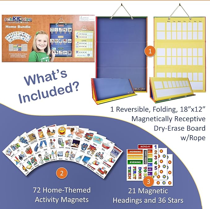 SchKIDules Home-Themed Magnetic Visual Schedule & Reward Chart w/129 Colorful Magnets & 2-Sided 18” Folding Board; for Daily Routines, Chores, Behavioral Supports, Kids’ Calendar, ADHD & Autism Tools