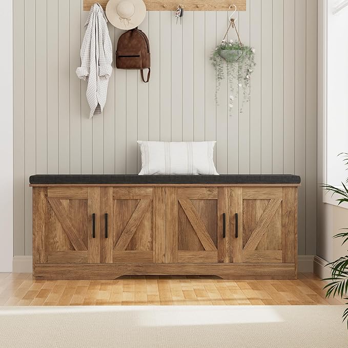 2-Tier Storage Bench, 47.2" Wide Shoe Bench with Padded Seat Cushion, Entryway Bench with 4 Barn Doors and Adjustable Shelf, Rustic Walnut