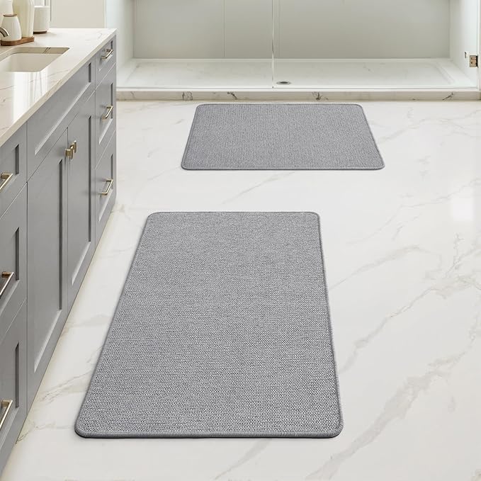 MIULEE Set of 2 Ultra Thin Bathroom Rugs, Rubber Bath Mats for Bathroom Non Slip, Quick Dry Absorbent Bath Rug Machine Washable, Fit Under Door, Shower, Sink, Home Decor, Grey, 20"x24"+17"x27"