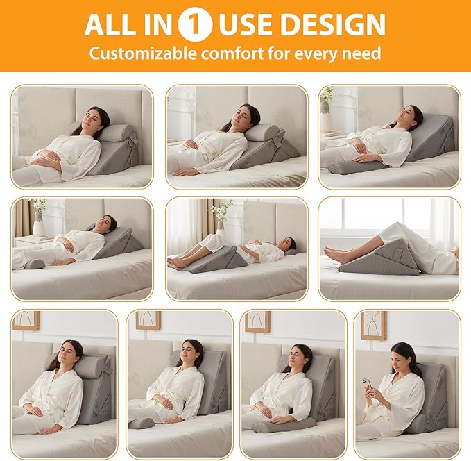 3PCS Wedge Pillow Set for After Surgery, Adjustable 9&12 Inch Bed Wedge Pillow for Sleeping, Incline Pillow Wedge for Headboard, Post Surgery, Acid Reflux, Neck&Back Support, Grey