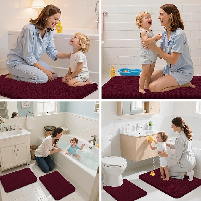 Arotive Bathroom Toilet Rugs U Shaped 24x20, Extra Soft Absorbent Shaggy Chenille Contour Bath Rugs for Toilet, Machine Washable Non-Slip Contoured Bath Mats, Burgundy