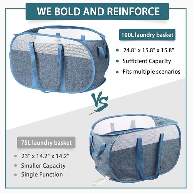 100L Collapsible Laundry Baskets, Tear Proof Pop Up Laundry Hamper with Dual Handles, Large Foldable Laundry Basket, Easy to Carry Laundry Hamper for Home, Laundry Room, Bedroom, Dorm, Travel Blue