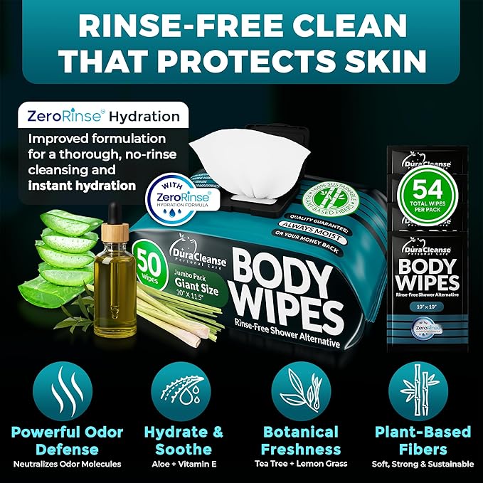 Body Wipes for Men - Maximum Cleaning Power (Ultra Clean) - 2 Pack (108 Wipes), XL No-Rinse Shower Sheets, Waterless Bathing Wipes for After Gym, Camping & Travel
