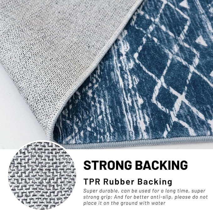KUTA Boho Entryway Runner 2x5 ft Blue Moroccan Washable Kitchen Rug Non-Slip Vintage Hallway Runners Ultra Soft Distressed Geometric Floor Carpet for Bedroom Laundry Living Room