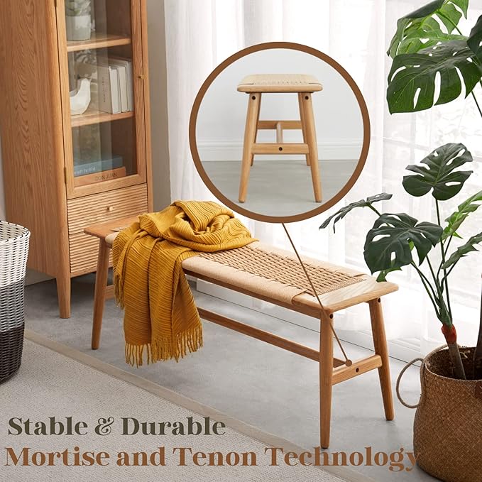 32" L 100% FAS Oak Wooden Bench Indoor - Solid Wood Rope Woven Entryway Bench, Dining Bench, Boho Furniture for Entryway, Dining Room, Bedroom, Kitchen (Creamy White)