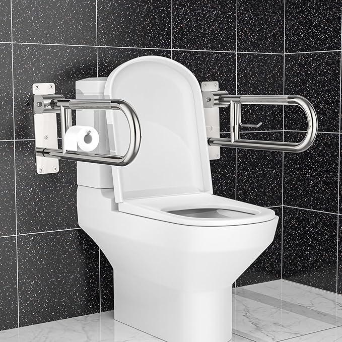Toilet Grab Bar 22.4 Inch Chrome, Munzong Anti-Slip Handicap Grab Bars with Paper Holder, Flip-Up Bathroom Safety Rails, Stainless Steel Knurled Support handrails for Seniors Elderly Disabled Pregnant