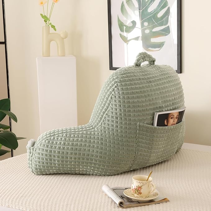 Reading Pillow for Sitting in Bed, Large Backrest Reading Pillow with Arm Rest,Back-Rest Support Cushion for Sit Up on Couch, Sofa, and Floor, Dorm Essentials (Green Flannel, Standard(17inch))