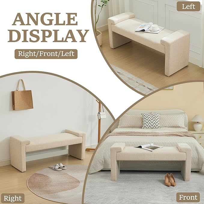 43" Linen End of Bed Bench Upholstered Modern Bedroom Bench for Living Room & Entryway, Easy Assembly, Footrest Ottoman Accent Window Bench with Solid Wood Frame & Curved Arm, Tan
