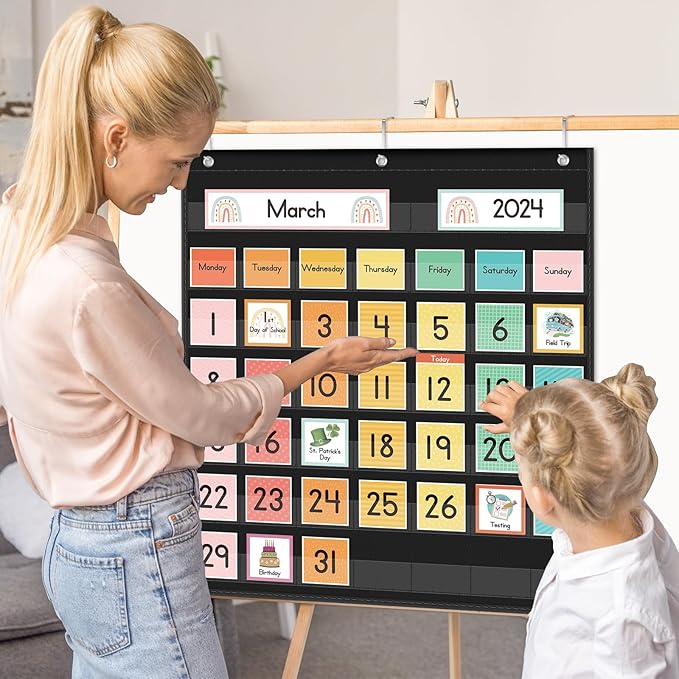 Eamay Rainbow Colorful Calendar Pocket Chart for Kids,Preschool Kindergarten Classroom Elementary Must Haves,Classroom Decorations Decor,Homeschool Teacher Supplies,Back to School Supplies