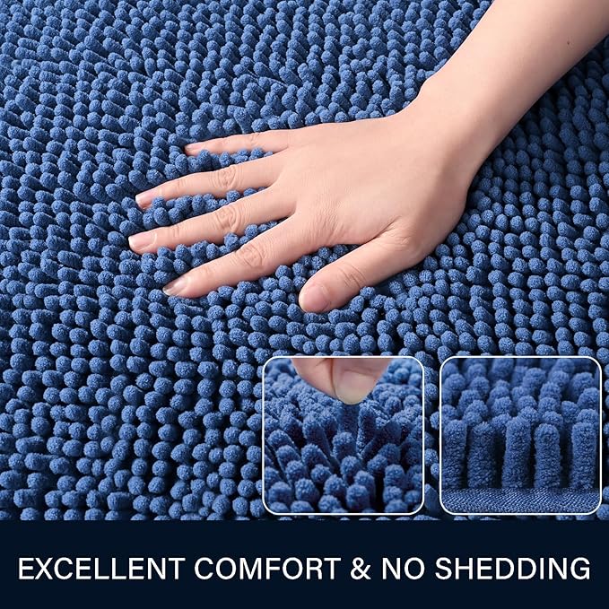 LOCHAS Luxury Bathroom Rug Shaggy Bath Mat 24 x 44 Inch, Washable Non Slip Bath Rugs for Bathroom Shower, Soft Plush Chenille Absorbent Carpets Mats, Blue