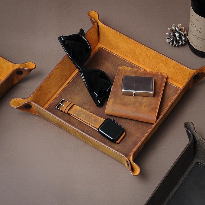 Handmade Leather Catch All Tray and Organizer for Keys, Phones, Jewels, Coins, Square - Small, Deep Brown