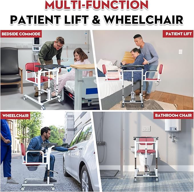 Drexo Patient Lift Transfer Chair, 5 in 1 Patient Lift Chair with 180°Split Seat, Height Adjustable Patient Transfer Chair with 4 Casters for Home Seniors Elderly, Load 450Lbs (Non-Fold, Red)