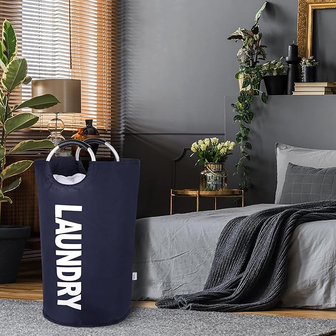 Large Laundry Basket Collapsible，Freestanding Clothes Hamper Bag with Handles – Tall Folding Dirty Laundry Bin，Sturdy Laundry Sorter for College Dorm，Laundry Room – 131L (Navy Blue)