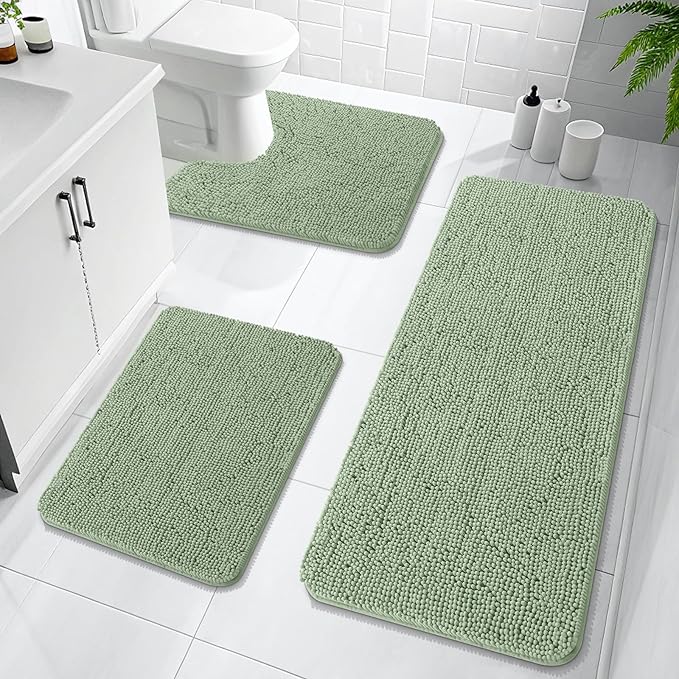 OLANLY Bathroom Rugs Sets 3 Piece, Soft Absorbent Chenille Bath Mats and U-Shaped Contour Toilet Rug, Quick Dry, Home Decor Accessories, Bath Mat Set for Bathroom (47"x20"+24"x16"+24"x20", Sage Green)