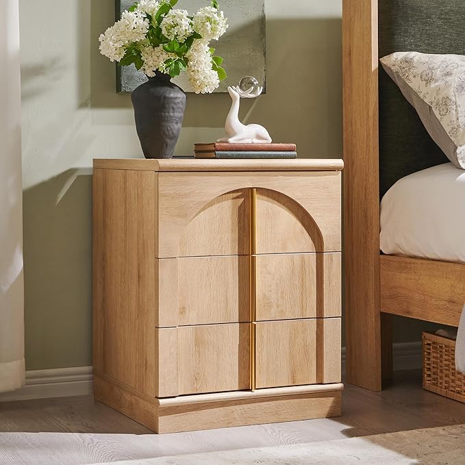 ACCOHOHO Modern Night Stand Set 2 with Arched Panel, 18" Nightstand with Charging Station, Side Table with 3 Storage Drawers, Wood Square Bedside End Table for Bedroom Living Room, Natural Oak