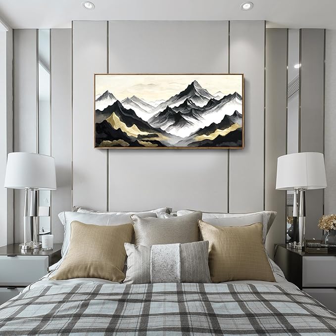 amatop Mountain Landscape Wall Art, Large Framed Modern Abstract Black and White Canvas Print – Zen Minimalist Nature Artwork for Office Wall Decor, Living Room & Bedroom (48x24 Inch)
