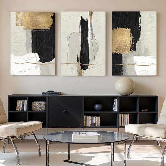 DUWQU 3 Piece Large Black and Gold Abstract Canvas Wall Art, Modern Black Gold and White Art Wall Decor, Minimalist Grey Beige Block Prints for Living Room Bedroom Office Home Decorations 24×36x3 In