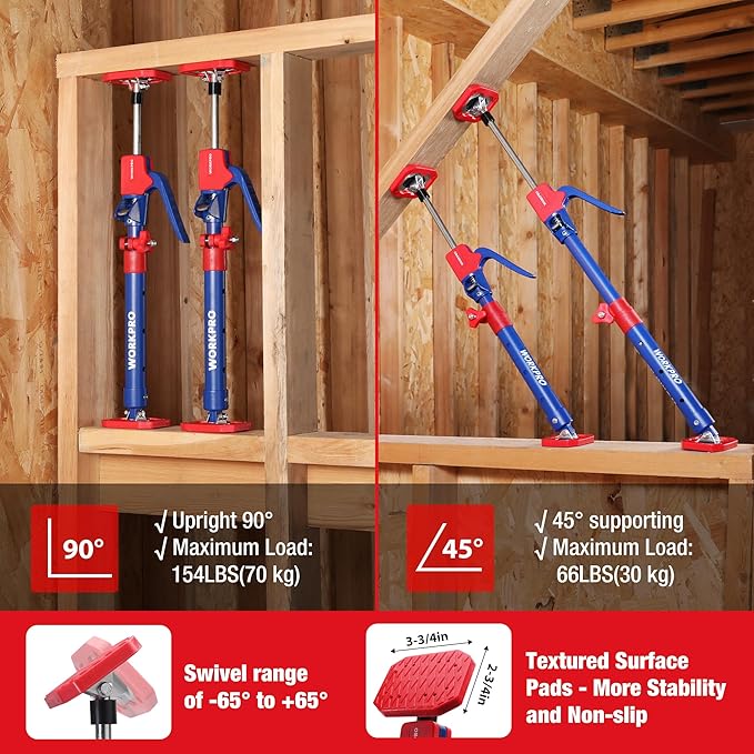 WORKPRO Cabinet Jack Support Pole, 18.5" to 29.5" Steel Telescopic Quick Support Rod Adjustable 3rd Hand Support System with 154 lbs Capacity for Cabinet Jack, Drywall Jack& Cargo Bars, 2-Pack