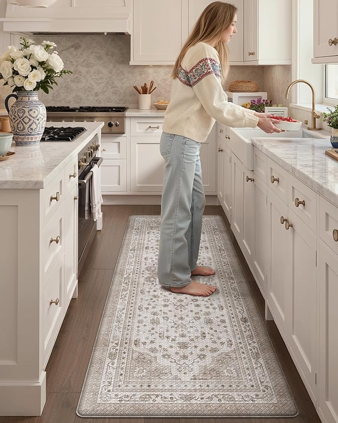 Color&Geometry Kitchen Floor Mats Anti Fatigue, Cushioned Boho Rugs,Waterproof Non Slip Kitchen Runner for Sink, Standing Mats for Office,24"x87",Beige