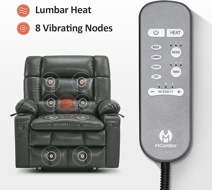 MCombo Dual Motor Power Lift Recliner Chair for Elderly, Lay Flat Lift Chair with Heat and Massage, Extra Wide Lift Recliner for Big People, Cup Holders, Faux Leather R7897 (Grey, Medium-Wide)