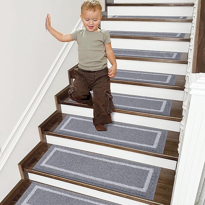 COSY HOMEER Soft Stair Treads Non-Slip Carpet Mat 28inX9in Indoor Stair Runners for Wooden Steps, Stair Rugs for Kids and Dogs, 100% Polyester TPE Backing 10pcs,Grey,Square