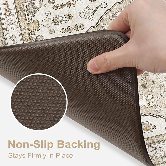 Collive Boho Kitchen Mats for Floor 2 Piece, Cushioned Anti Fatigue Kitchen Floor Mat Non-Skid Waterproof Under Sink Mat, Taupe Comfort Standing Desk Mat for Office, Home & Kitchen, 17"x30"+17"x47"