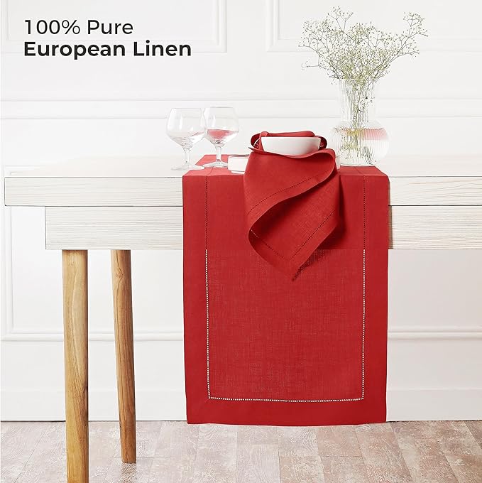 D'Moksha Homes Linen Bright Red Table Runner 90 Inches Long - Classic Hemstitch 100% Pure Linen Dining Table Runner 14 x 90 Inch for Valentines, Spring, Easter
