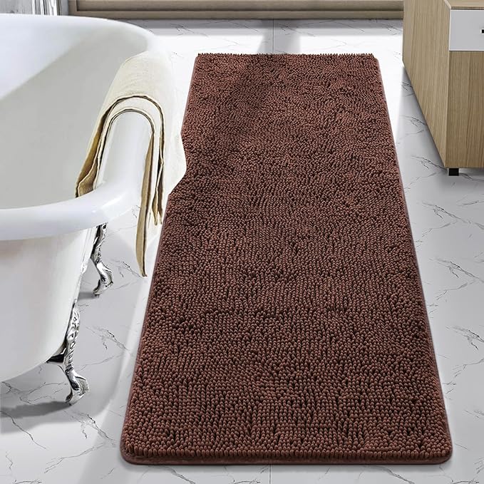 LOCHAS Luxury Bathroom Rug Shaggy Bath Mat 24 x 70 Inch, Washable Non Slip Bath Rugs for Bathroom Shower, Soft Plush Chenille Absorbent Carpets Mats, Brown