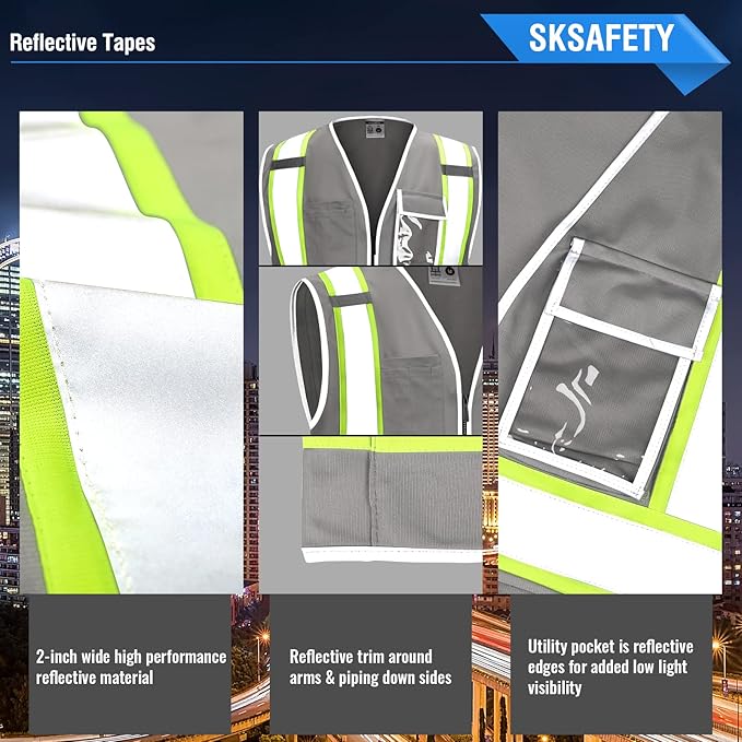SKSAFETY 10 Pockets Safety Vest, Class 2 High Visibility Security with Zipper, Hi Vis Vest with Reflective Strips, ANSI/ISEA Standard, Construction Work Vest for Men ＆ Women （Grey,5XL）
