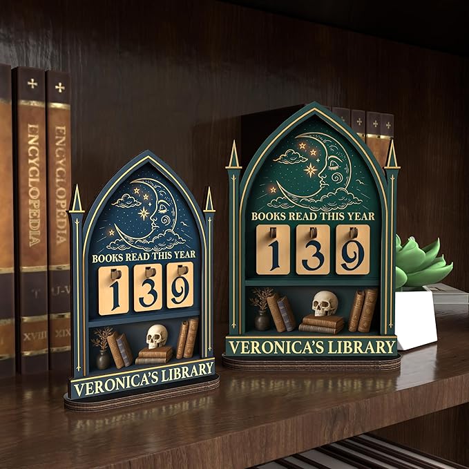 Personalized Book Tracker Sign, Custom Books Read This Year Counter up to 999 Books, Moon Celestial Book Lover Gift for Readers, Librarians, Writers, Halloween Bookshelf Decor for Home Library