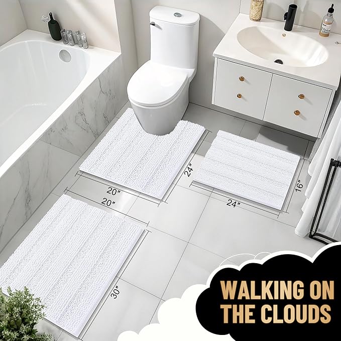 OLANLY Thick Bathroom Rugs 44x24, Extra Soft Absorbent Chenille Striped Bath Rugs, Rubber Backing, Machine Wash Dry, Bath Mats for Bathroom Floor, Tub and Shower, Home Decor Accessories, White
