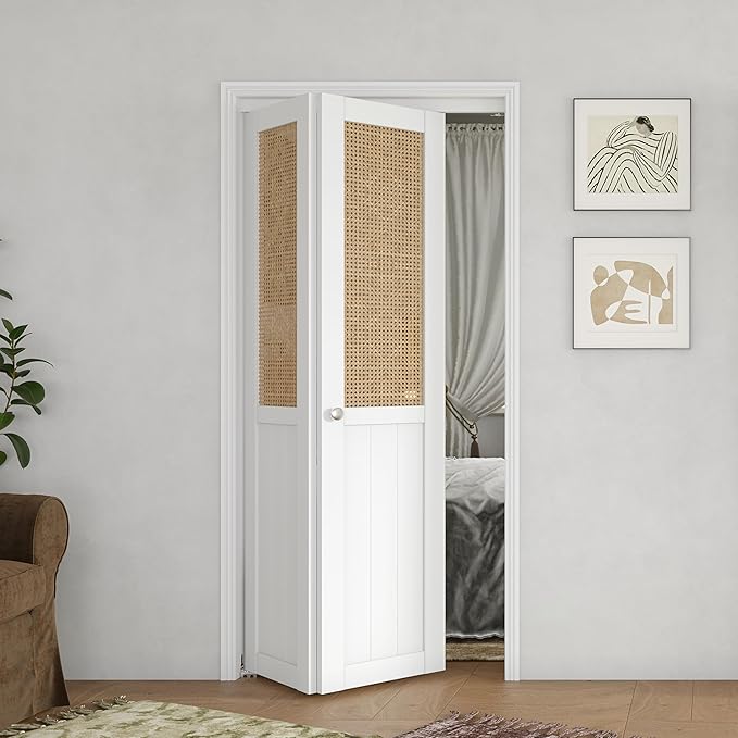 BARNER HOME Cane Bi-fold Doors - for 30in.x 80in.Door Opening, Webbing & Wood Folding Closet Doors with Hardware Kits, MDF, White Multifold Interior Doors