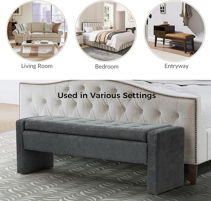 55" Modern Upholstered Storage Bench with Tufted Seat, Fabric Ottoman Bench for Bedroom, Entryway, or Living Room, Soft Close Hinge,Charcoal