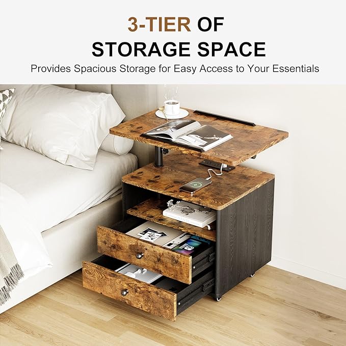 Bedroom Nightstand with Drawers & Charging Station, Adjustable Height Bedside Table with Wheels, Wooden Small Sofa Side Tables with Storage for Living Room, Rustic Brown
