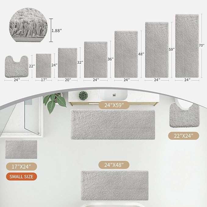 Grey Bathroom Rug 20x32 Non Slip Fluffy Bath Mat for Bathroom Floor Washable Plush Luxury Bath Rug for Tub Soft Shaggy Absorbent Shower Sink Mat