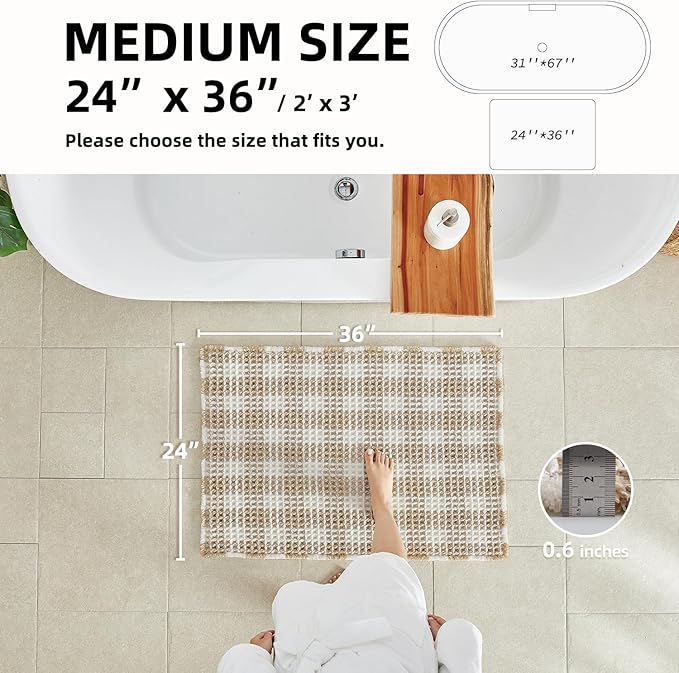 Waffle Bath Mat, Boho Bathroom Rugs Non Slip Washable Absorbent Checkered Bathroom Mat Quick Dry Farmhouse Bathroom Decor, 36"x24" Khaki and White