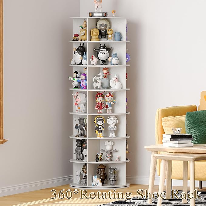 Wooden Rotating Shoe Rack, 7 Tier Spinning Shoe Rack Tower for Closet, Storage Organizer for Entryway, Bedroom, Living Room (Embossed White, 7 Tier)