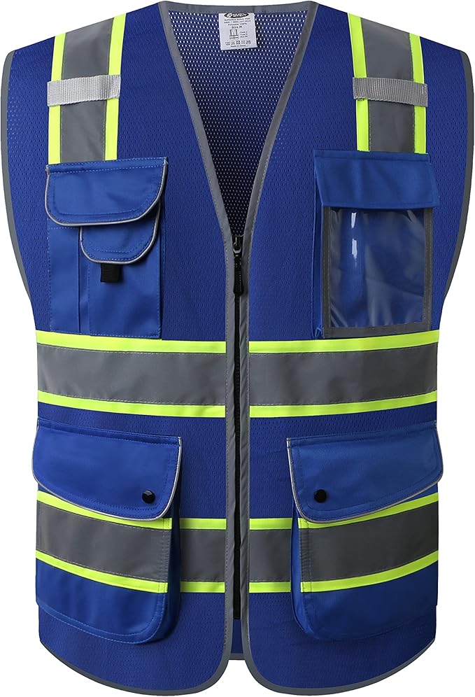 JKSafety 9 Pockets Hi-Vis Zipper Front MESH Neon Blue Safety Vest with Fluorescent Yellow Extended Trim outling the Reflective Tapes Meet ANSI/ISEA Standards (100-Mesh-Blue, 5X-Large)